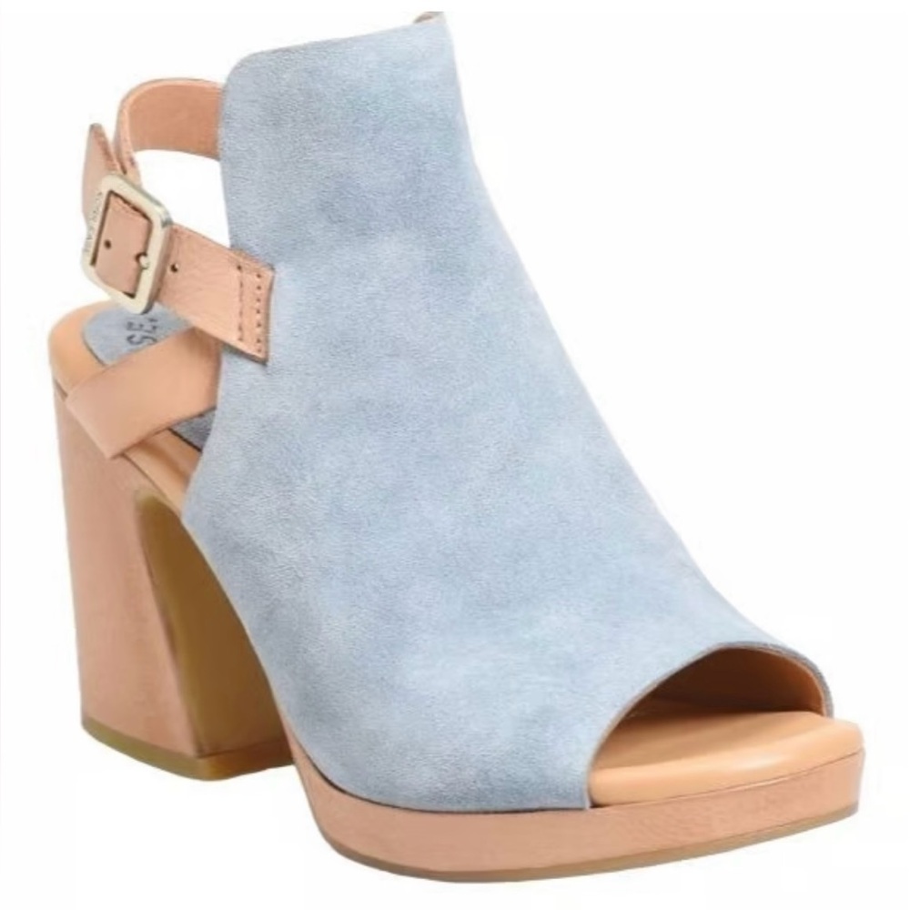Kork-Ease Hopi Peep Toe Heels 3.5" Womens 10 Suede Leather Blue Tan Slingback